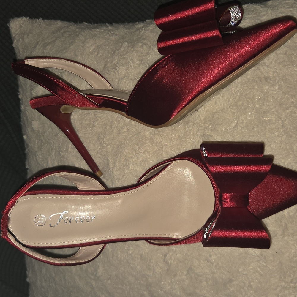 Elegant Bugundy/ Red Satin Heels with Bow
